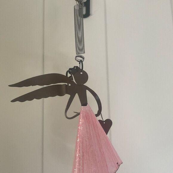 Metal Hanging Angel Figure Pink Dress Wings Heart Friendship Gift 10.5" Long - Picture 5 of 6